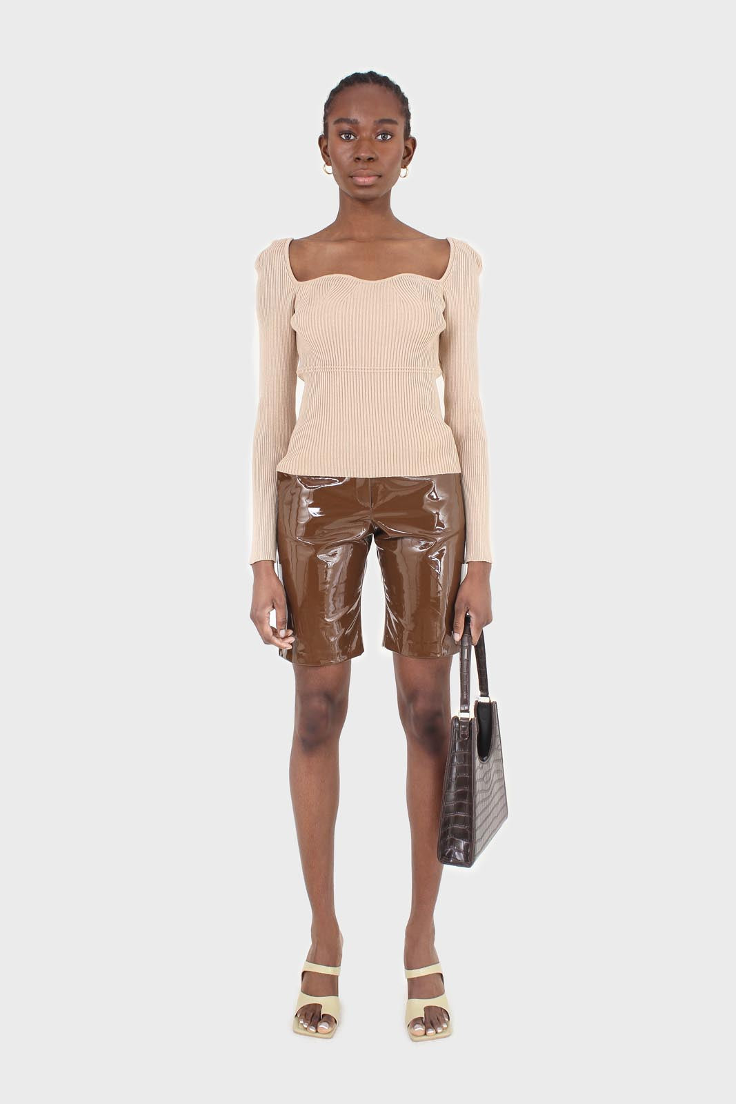 Brown glossy vegan leather shorts