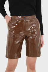 Brown glossy vegan leather shorts