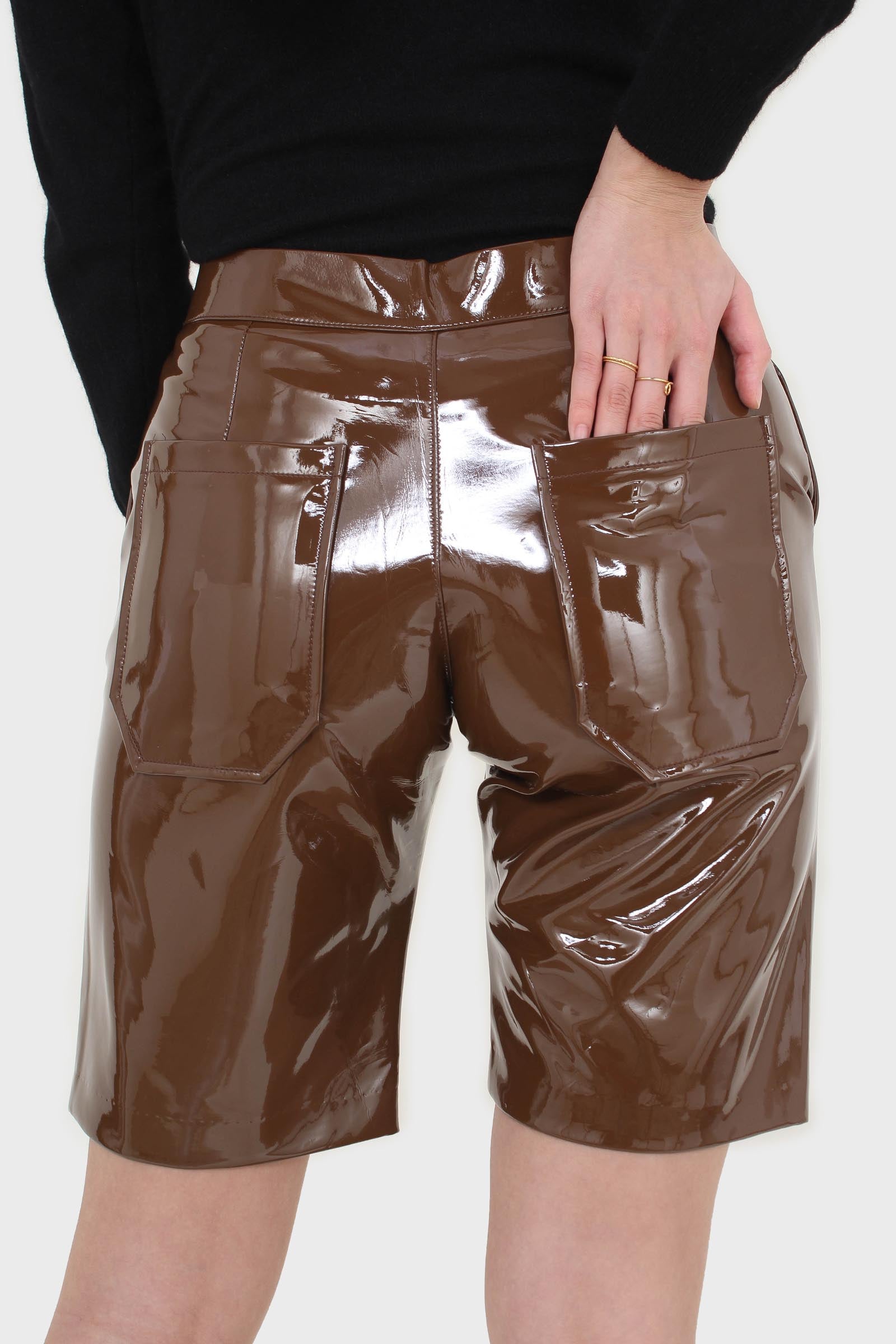Brown glossy vegan leather shorts
