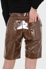 Brown glossy vegan leather shorts