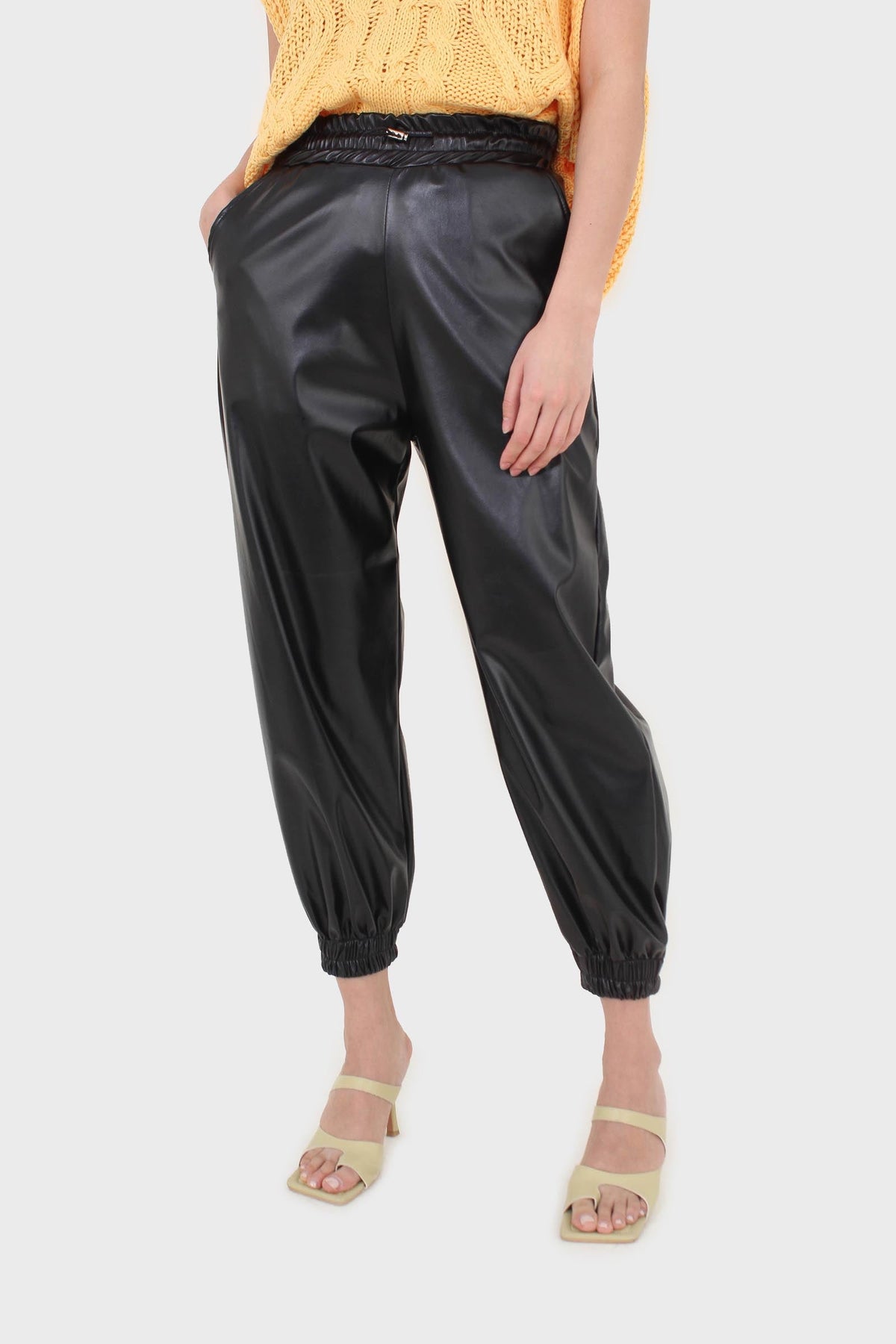 Black vegan leather jogging trousers