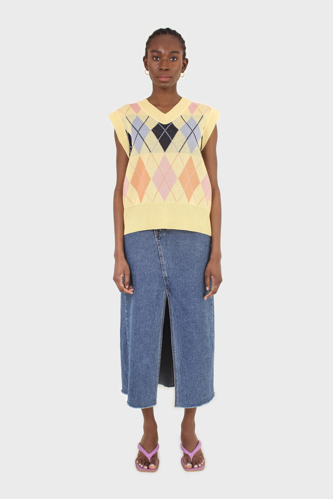Yellow and pastel multicoloured argyle sweater vest