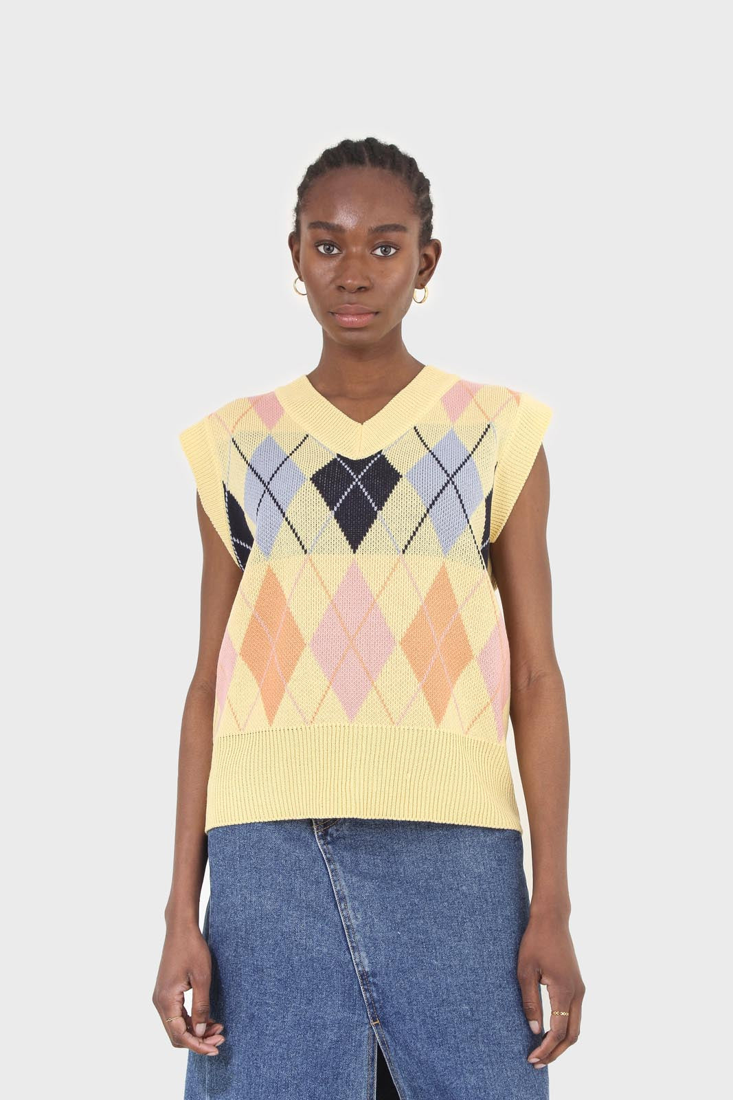 Yellow and pastel multicoloured argyle sweater vest