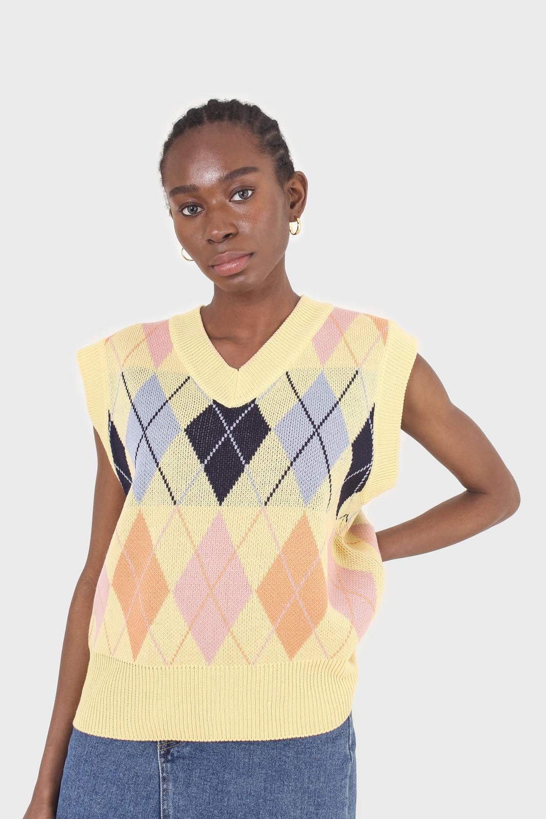 Yellow and pastel multicoloured argyle sweater vest