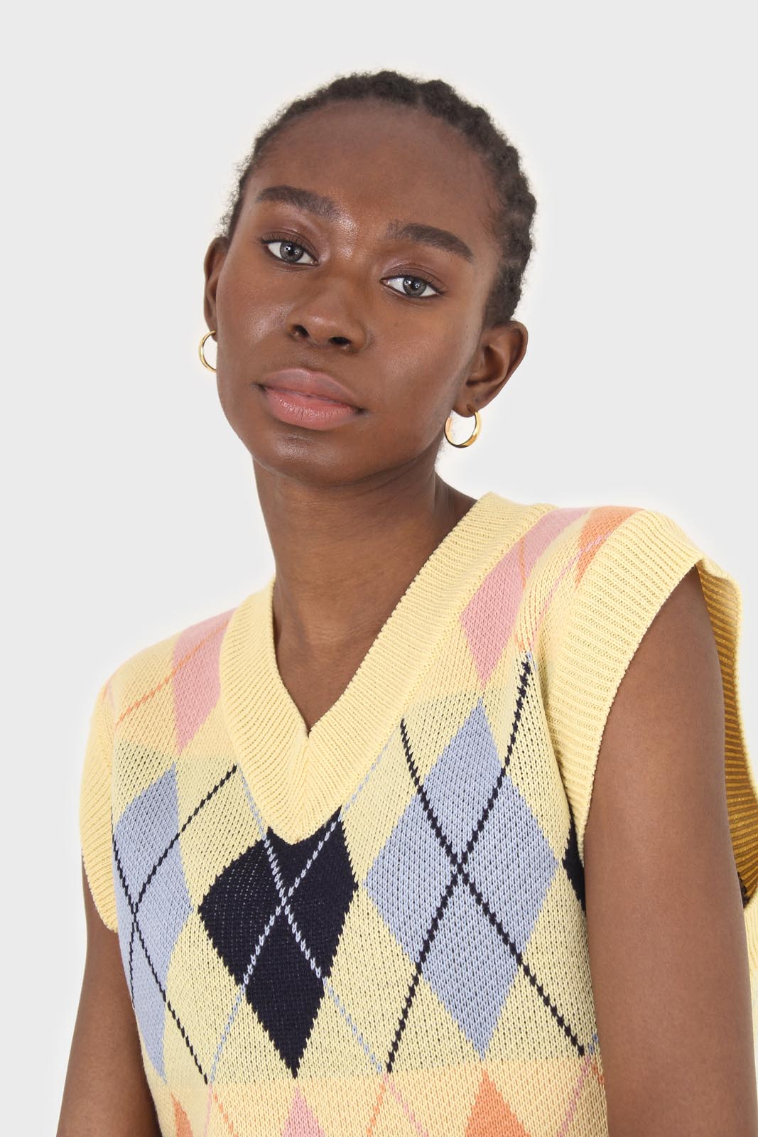 Yellow and pastel multicoloured argyle sweater vest