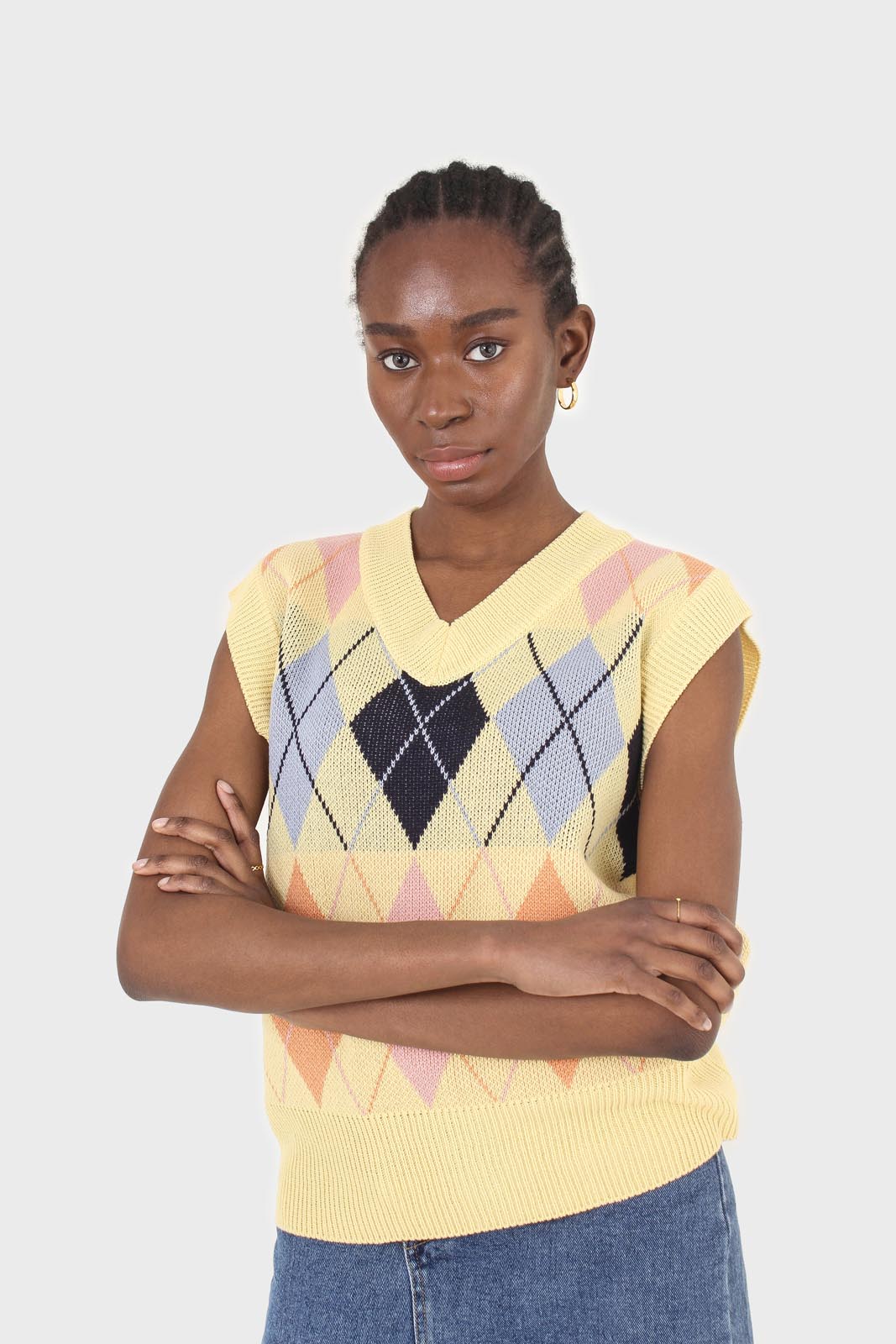 Yellow and pastel multicoloured argyle sweater vest