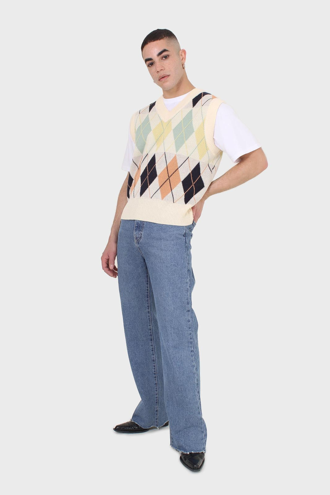 Ivory and pastel multicoloured argyle sweater vest