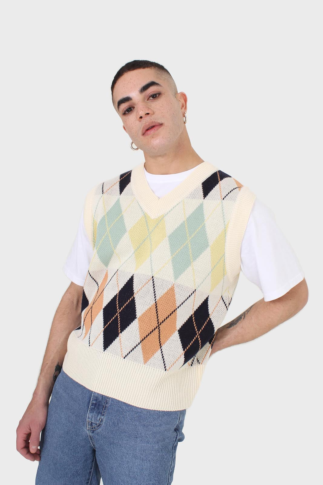 Ivory and pastel multicoloured argyle sweater vest