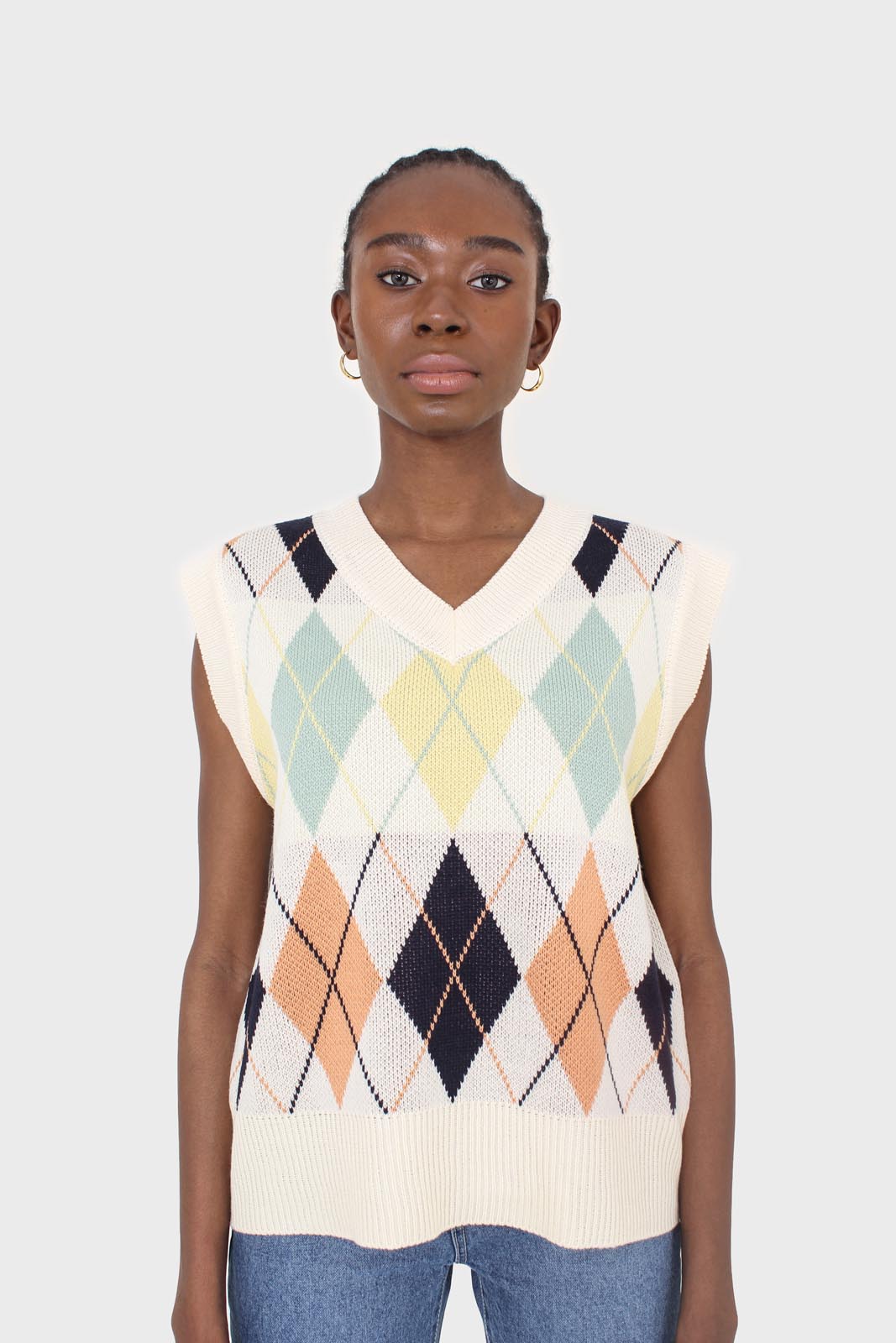 Ivory and pastel multicoloured argyle sweater vest