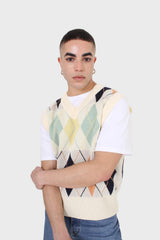 Ivory and pastel multicoloured argyle sweater vest