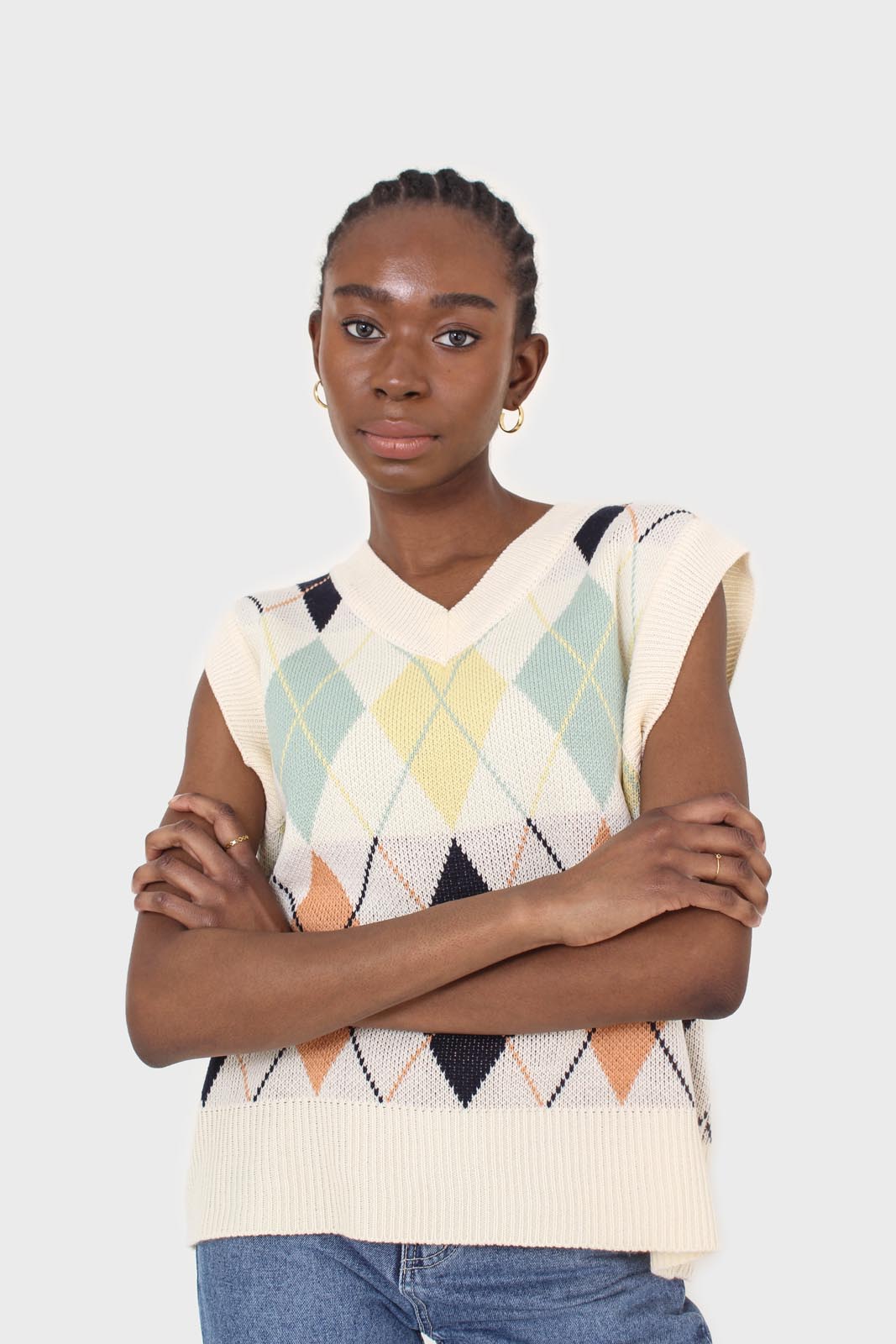 Ivory and pastel multicoloured argyle sweater vest
