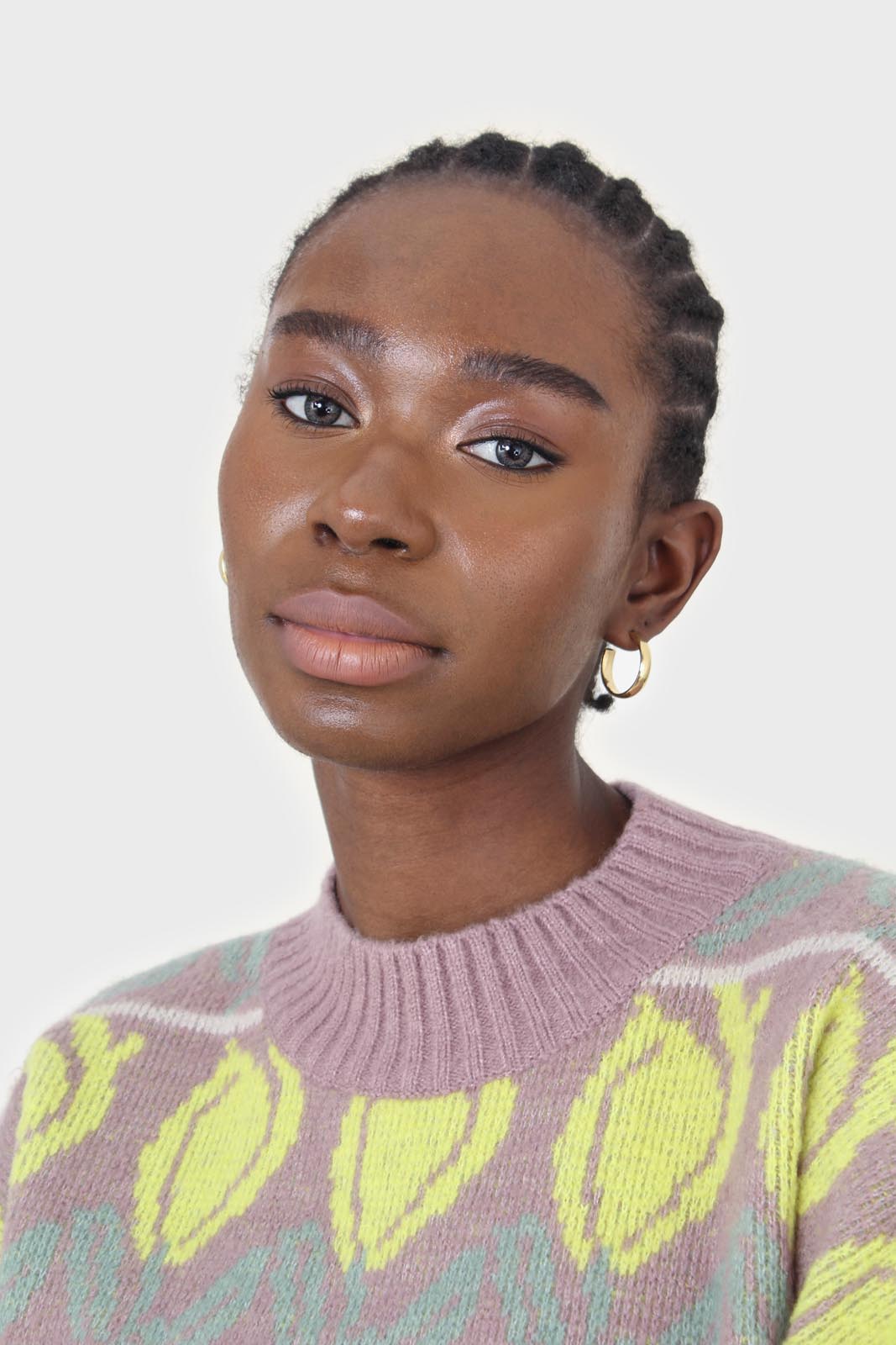 Lilac and yellow intarsia tulip crew neck jumper