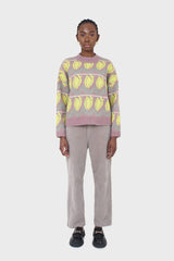 Lilac and yellow intarsia tulip crew neck jumper