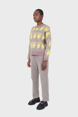 Lilac and yellow intarsia tulip crew neck jumper