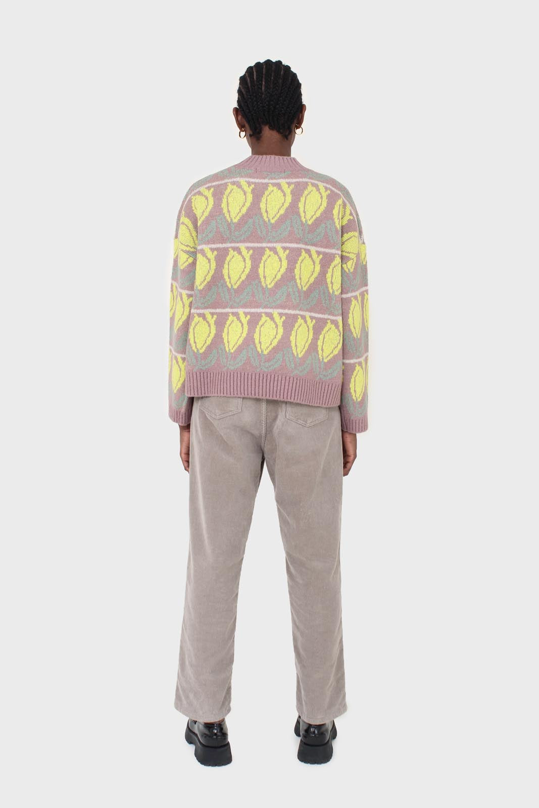 Lilac and yellow intarsia tulip crew neck jumper