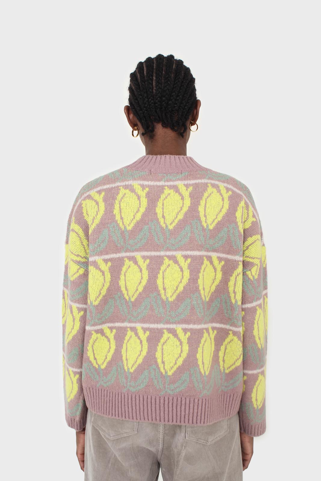Lilac and yellow intarsia tulip crew neck jumper