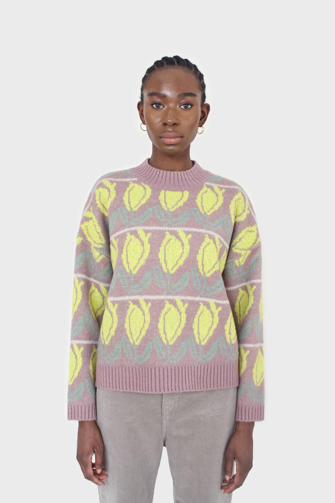 Lilac and yellow intarsia tulip crew neck jumper