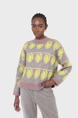 Lilac and yellow intarsia tulip crew neck jumper