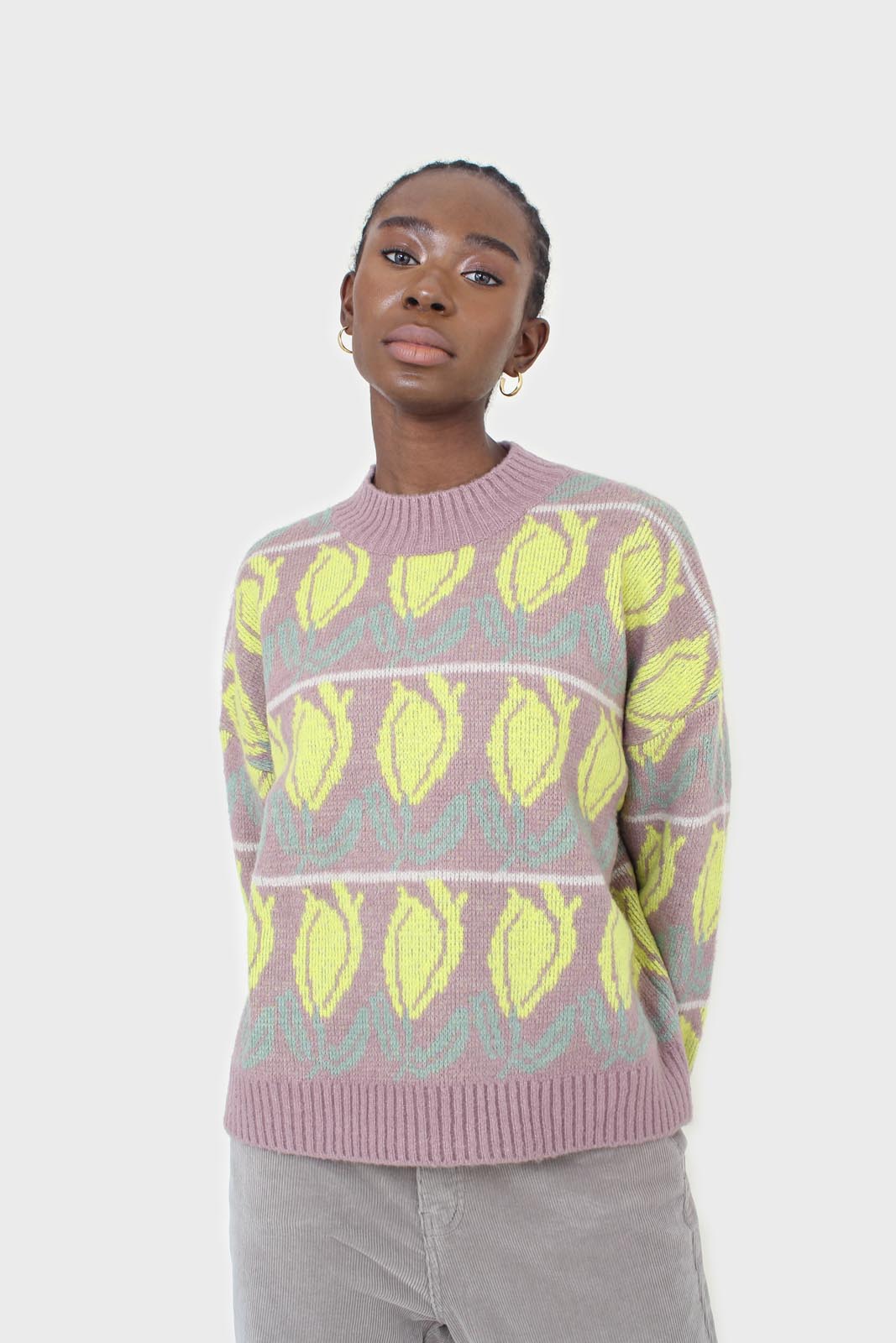 Lilac and yellow intarsia tulip crew neck jumper