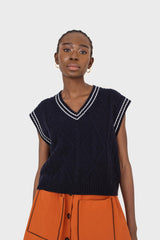 Navy and white varsity cable sweater vest