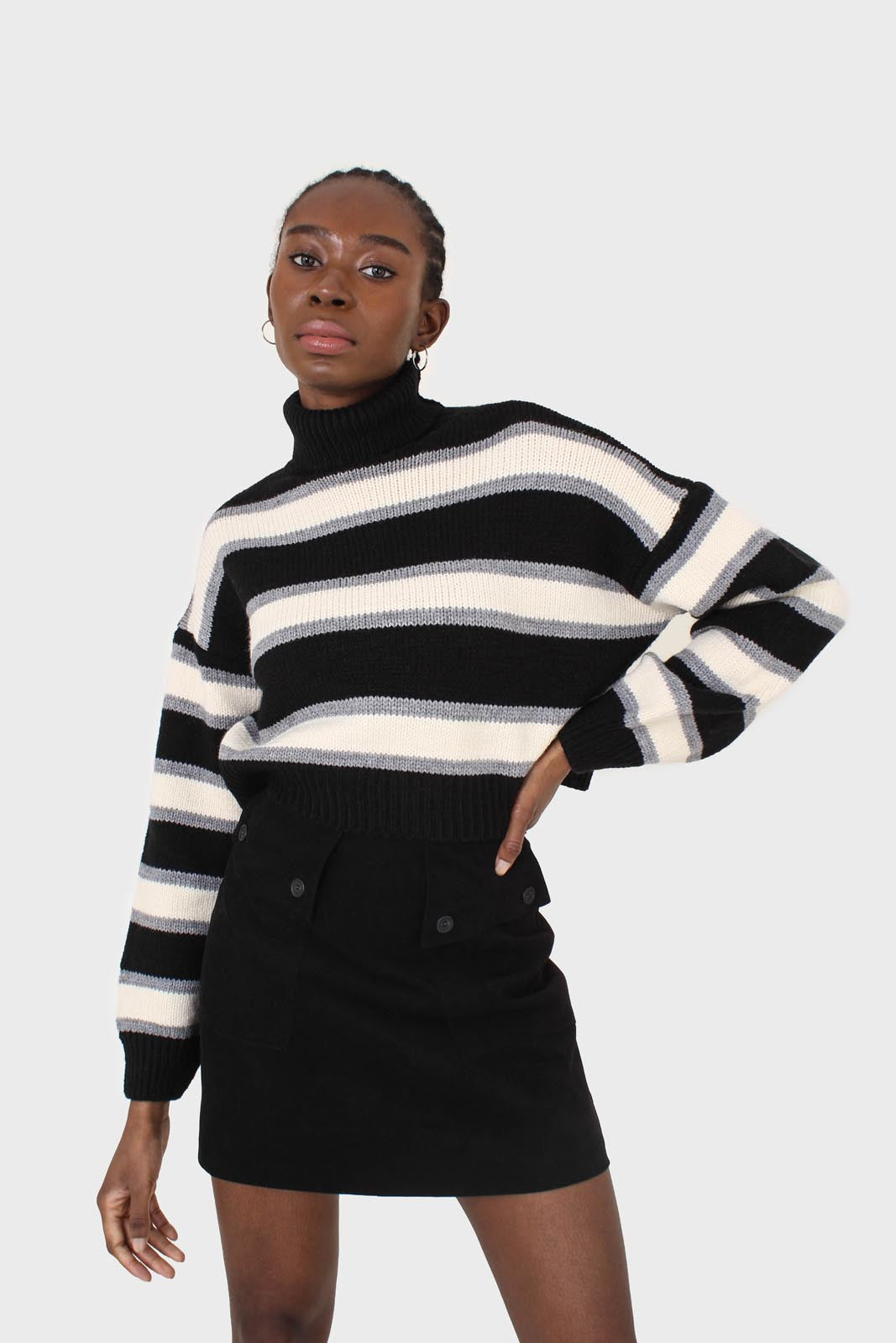 Black and ivory bold striped turtleneck jumper