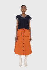Orange button up patch pocket midi skirt