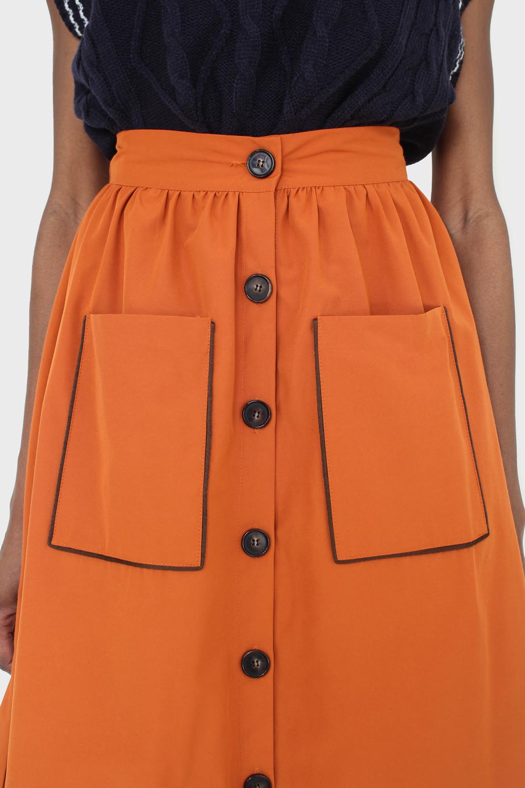 Orange button up patch pocket midi skirt