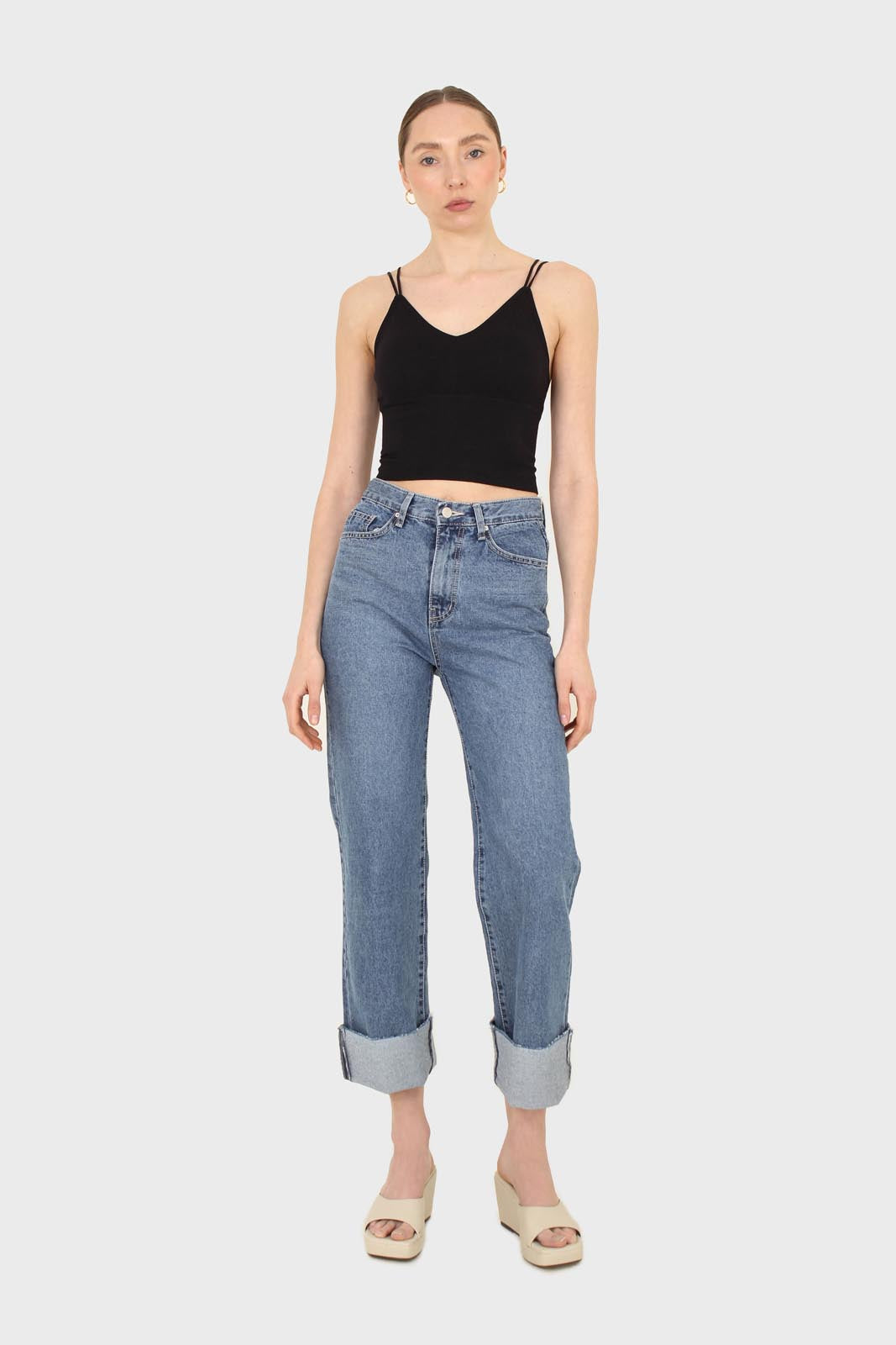 Mid blue high waisted cuffed jeans - 608