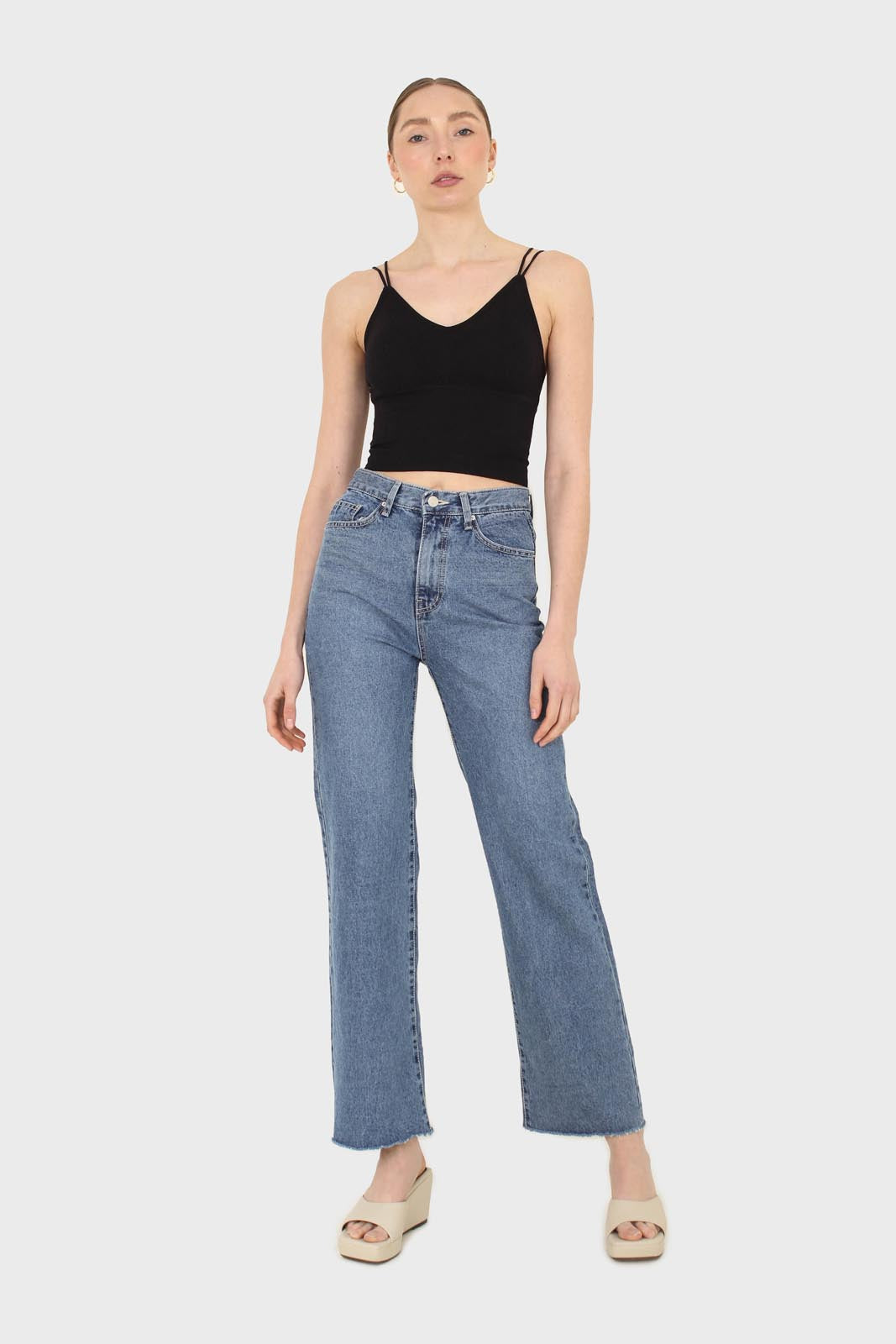 Mid blue high waisted cuffed jeans - 608