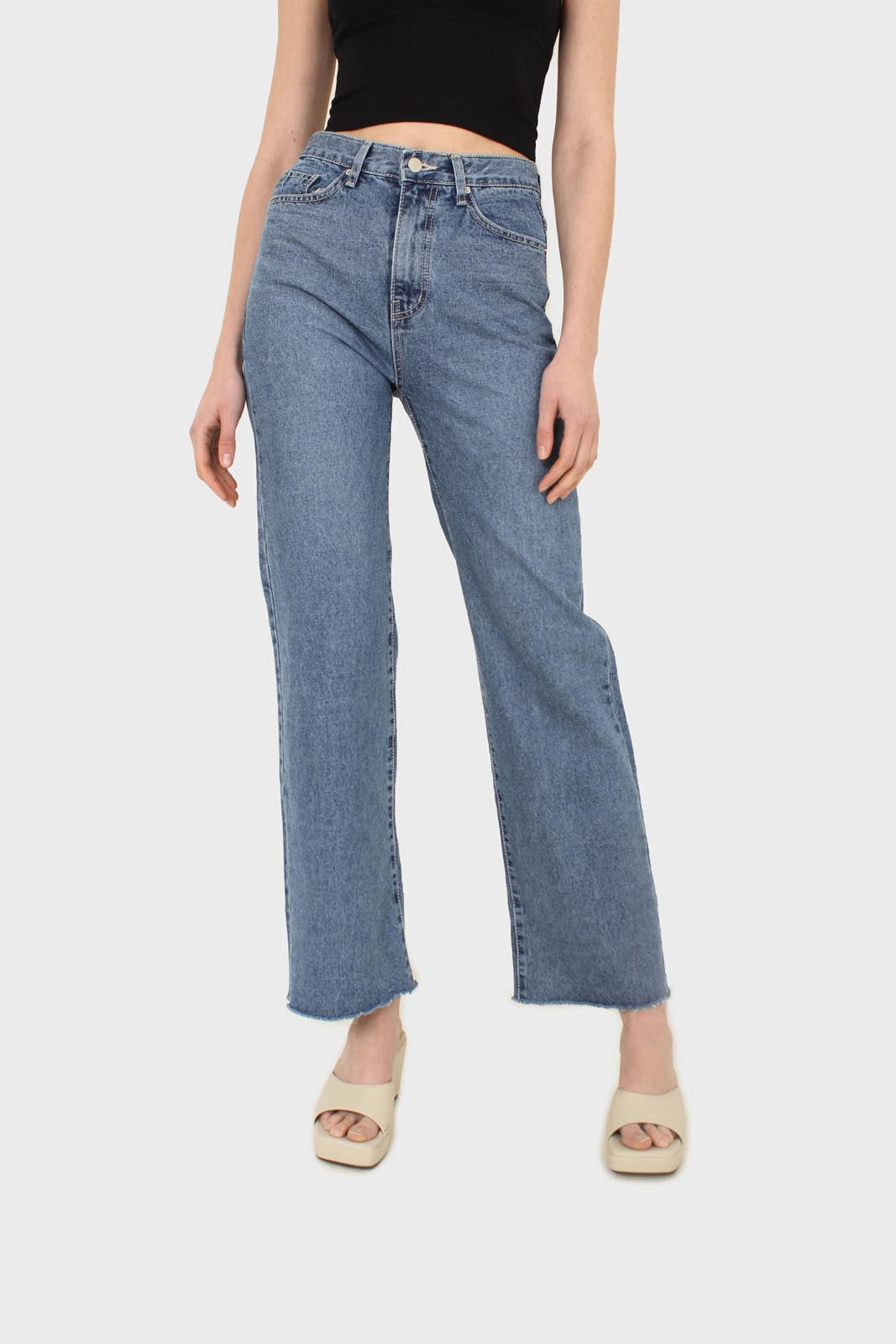 Mid blue high waisted cuffed jeans - 608