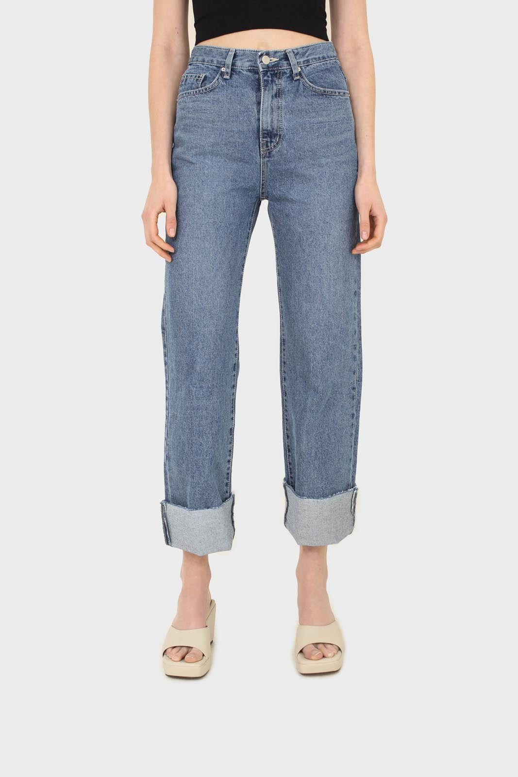 Mid blue high waisted cuffed jeans - 608