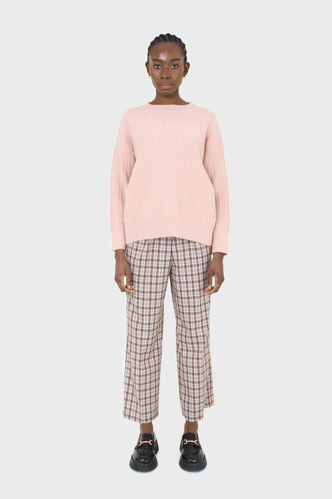 Brown plaid wide leg trousers