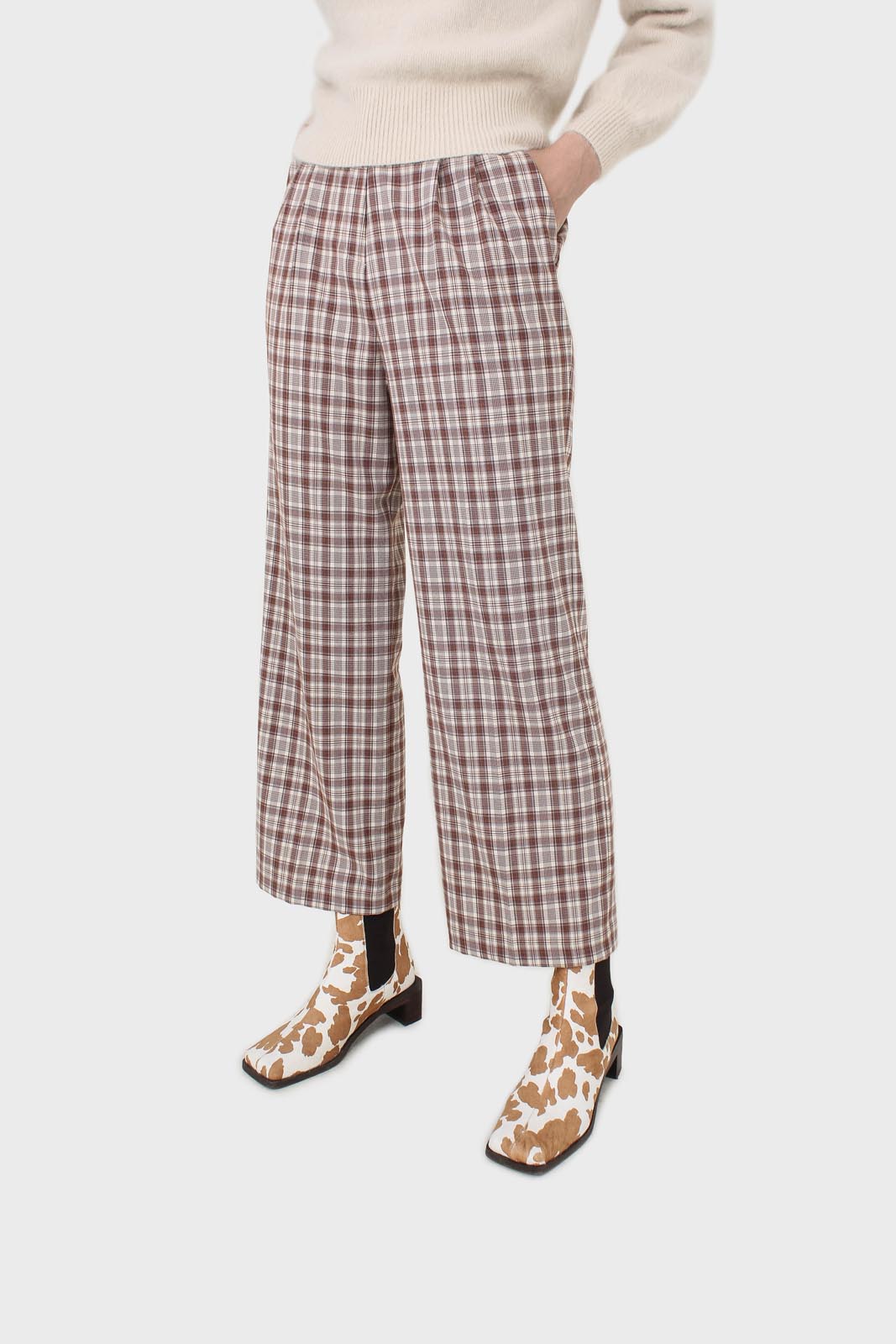 Brown plaid wide leg trousers