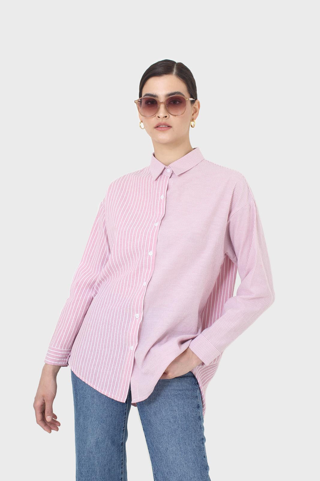 Pink and white multistripe loose fit shirt