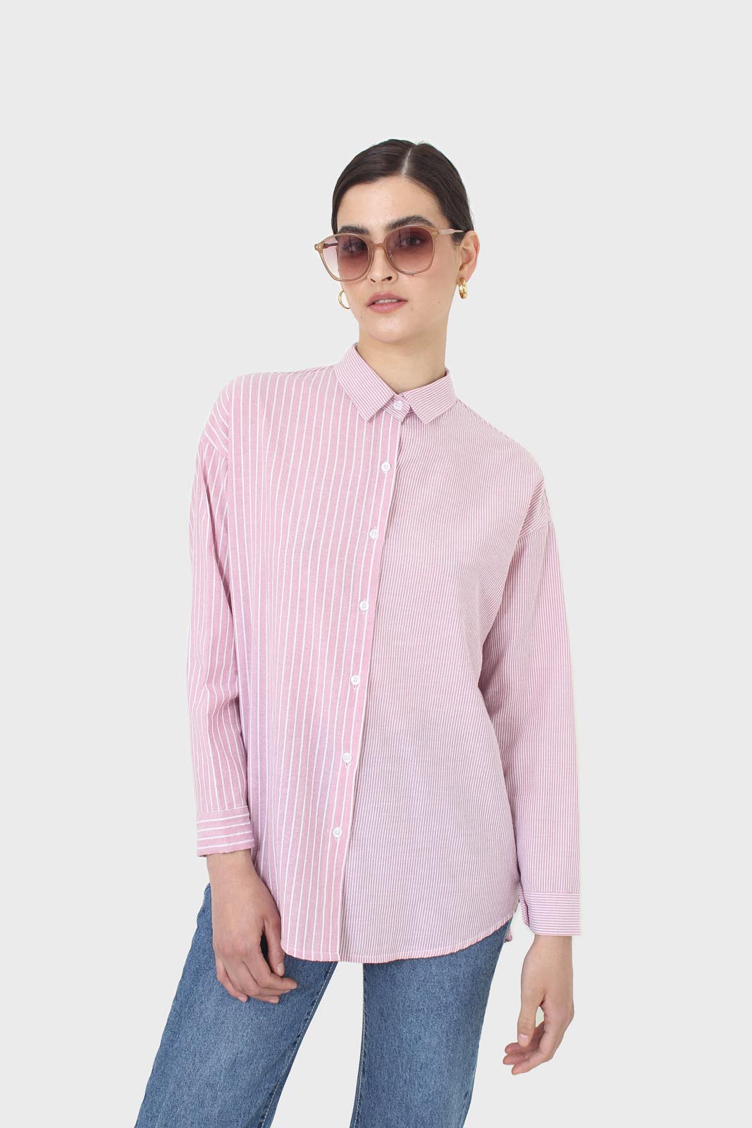 Pink and white multistripe loose fit shirt