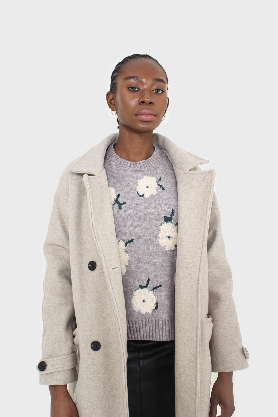 Grey and white floral crew neck jumper