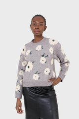 Grey and white floral crew neck jumper