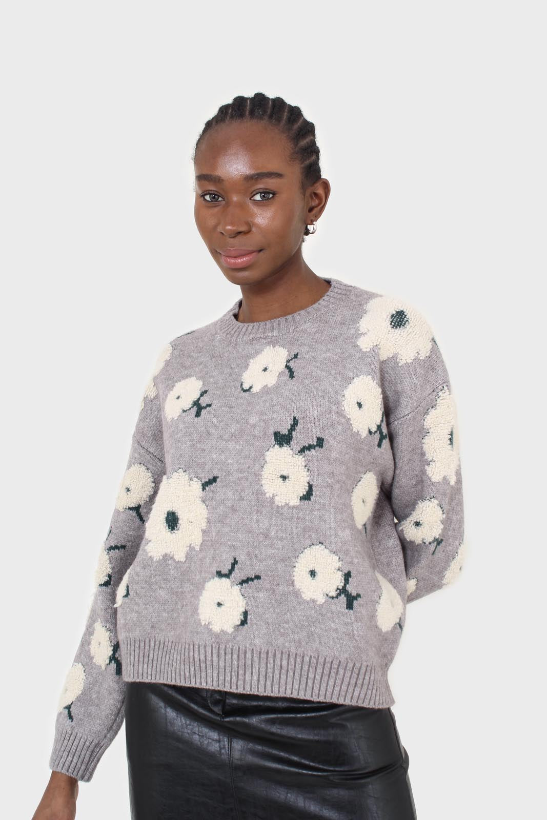 Grey and white floral crew neck jumper