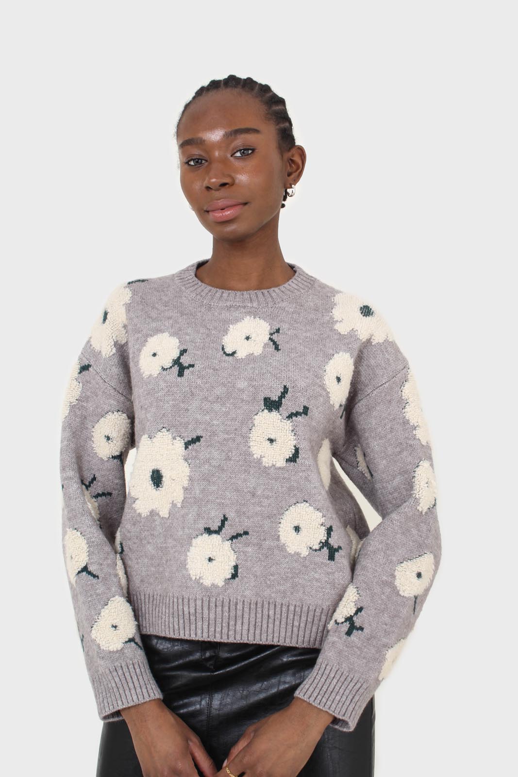 Grey and white floral crew neck jumper