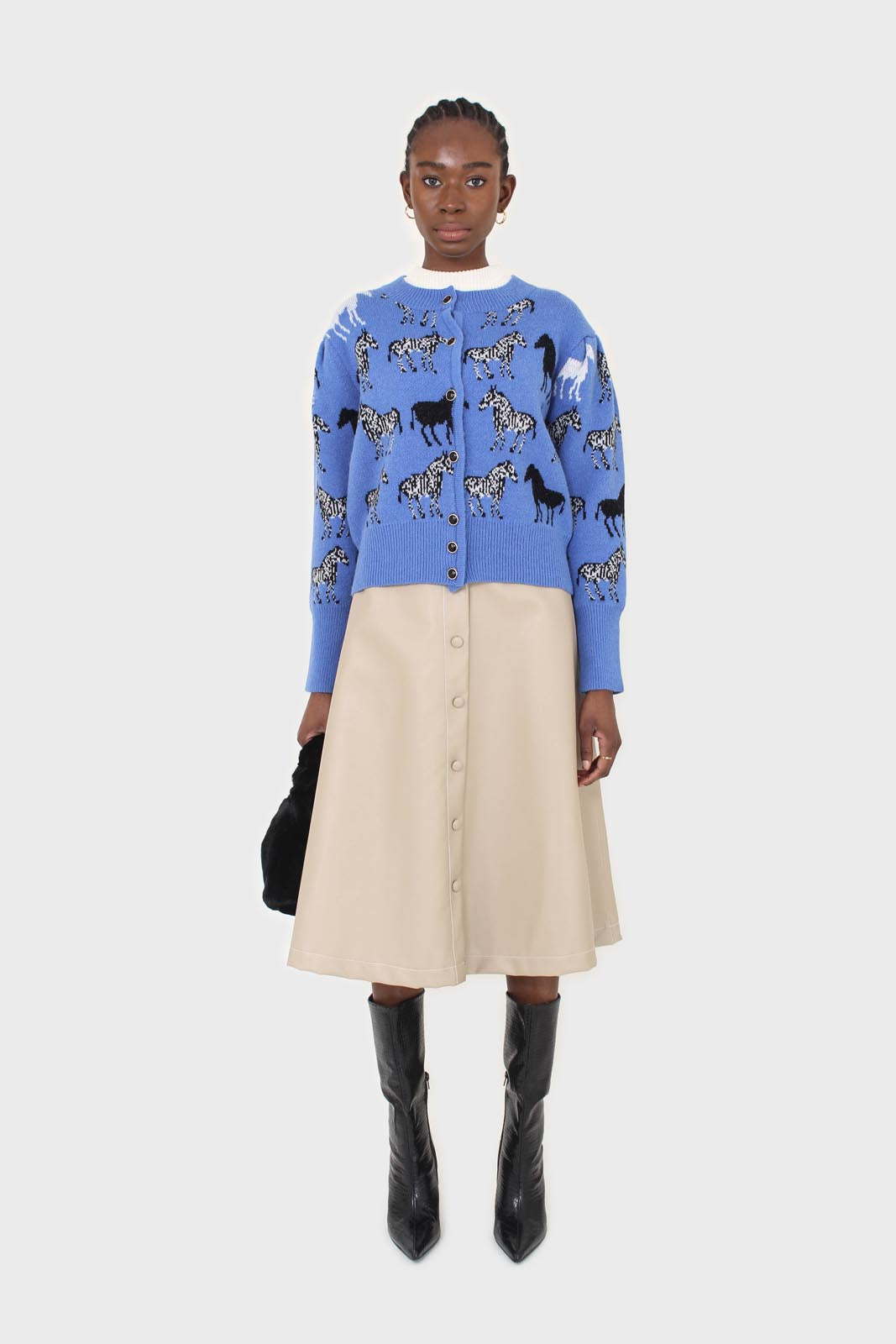 Blue zebra metal button puff sleeved cardigan
