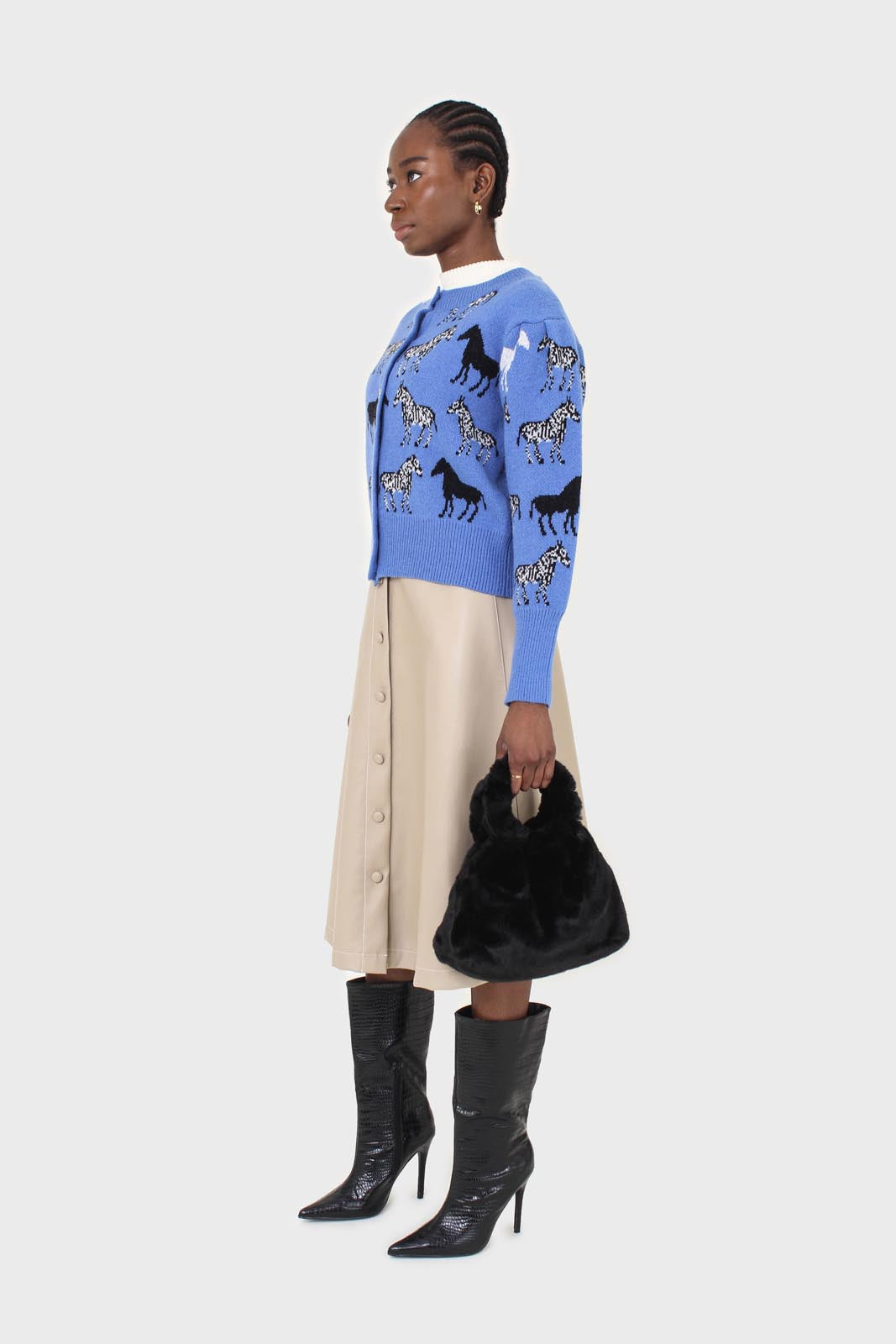 Blue zebra metal button puff sleeved cardigan