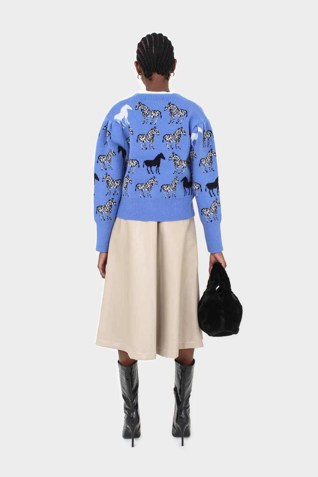 Blue zebra metal button puff sleeved cardigan