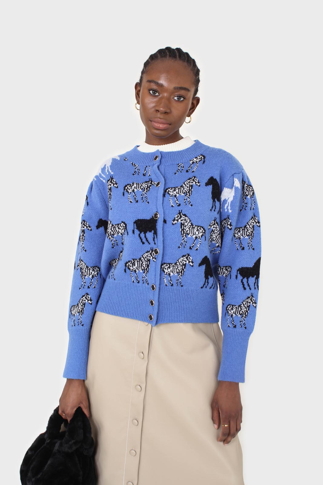 Blue zebra metal button puff sleeved cardigan