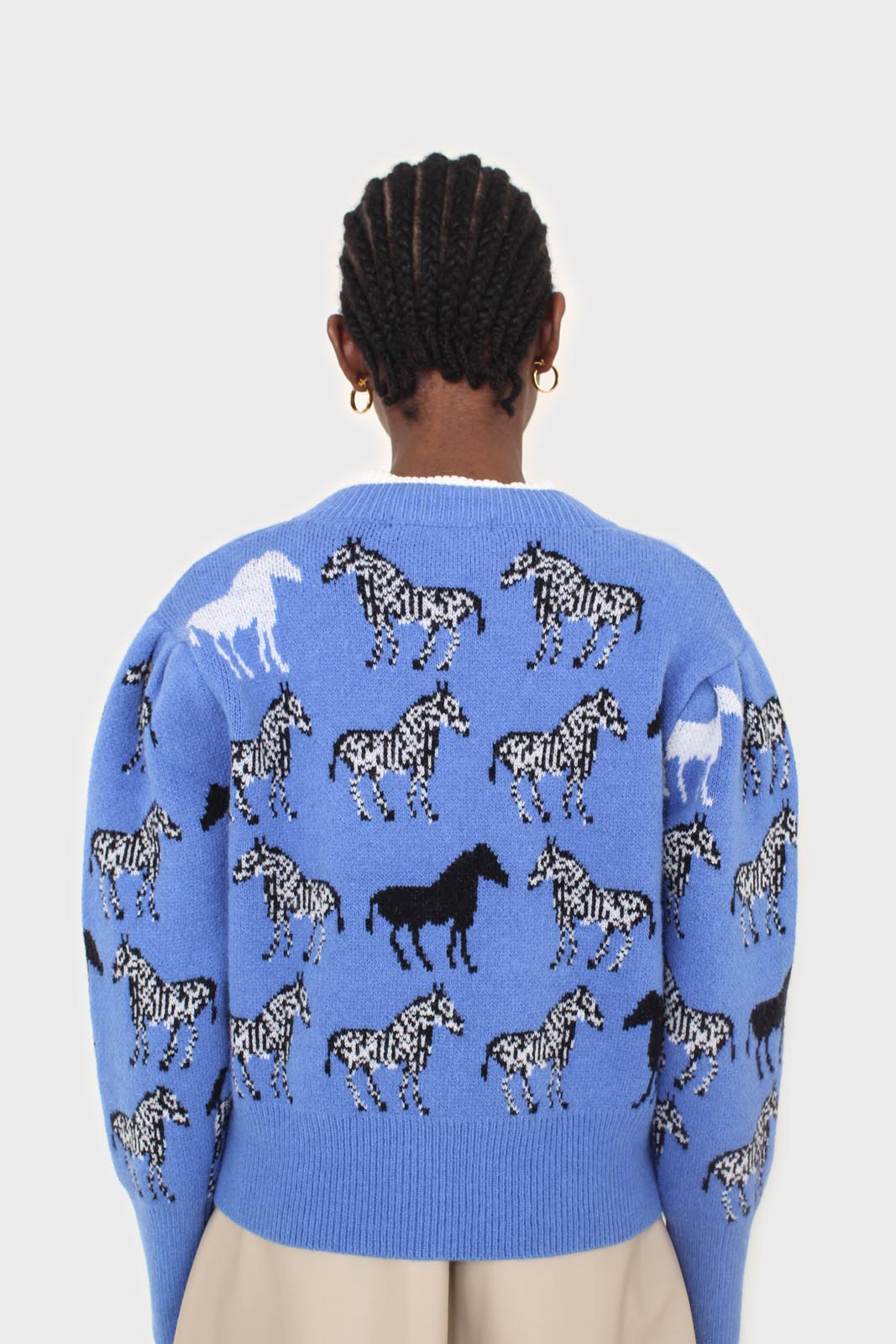 Blue zebra metal button puff sleeved cardigan