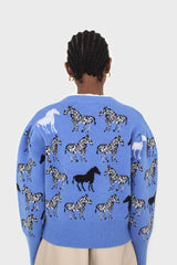 Blue zebra metal button puff sleeved cardigan