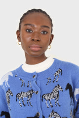 Blue zebra metal button puff sleeved cardigan