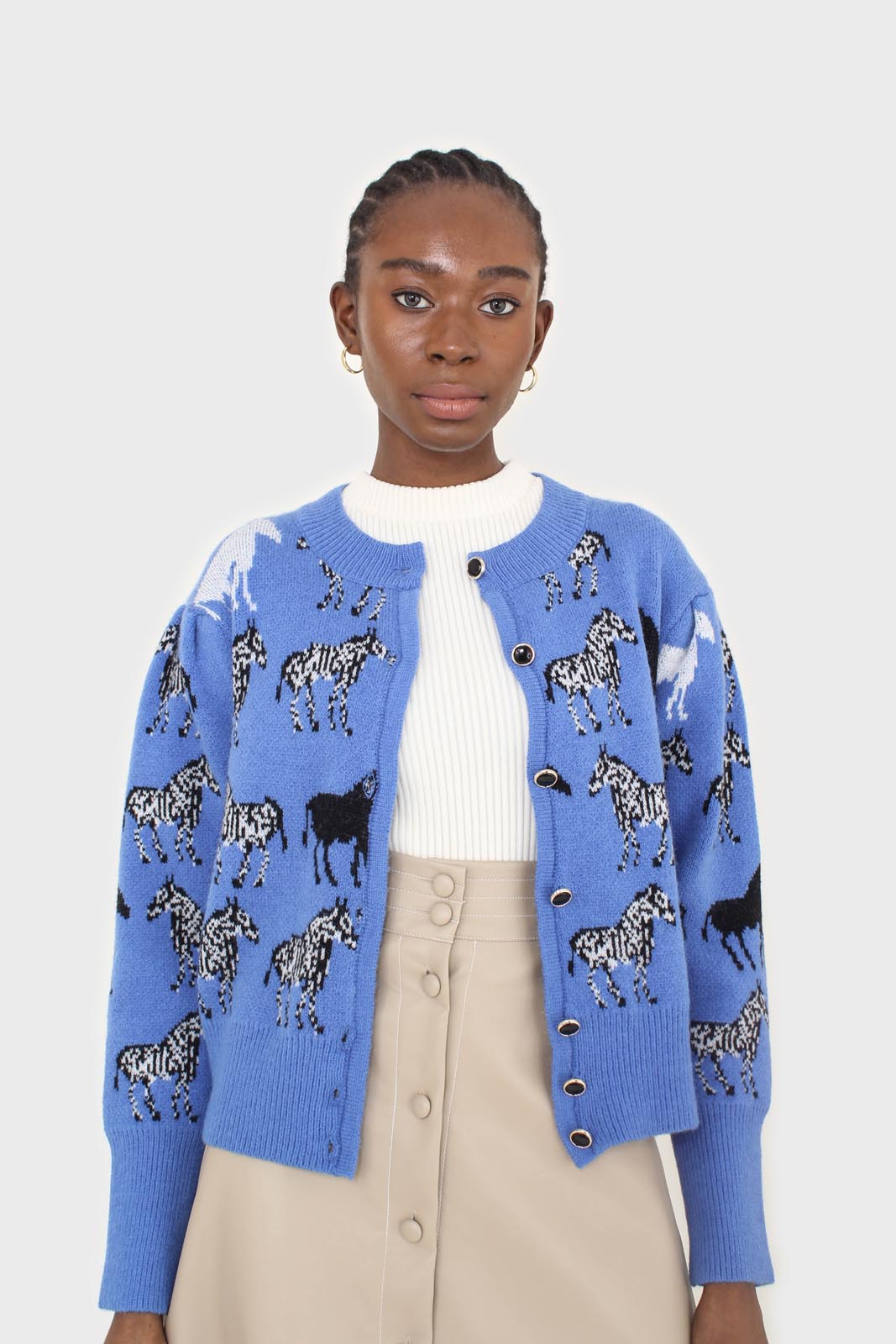 Blue zebra metal button puff sleeved cardigan