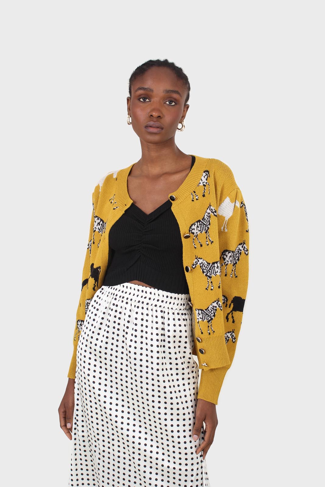 Mustard zebra metal button puff sleeved cardigan