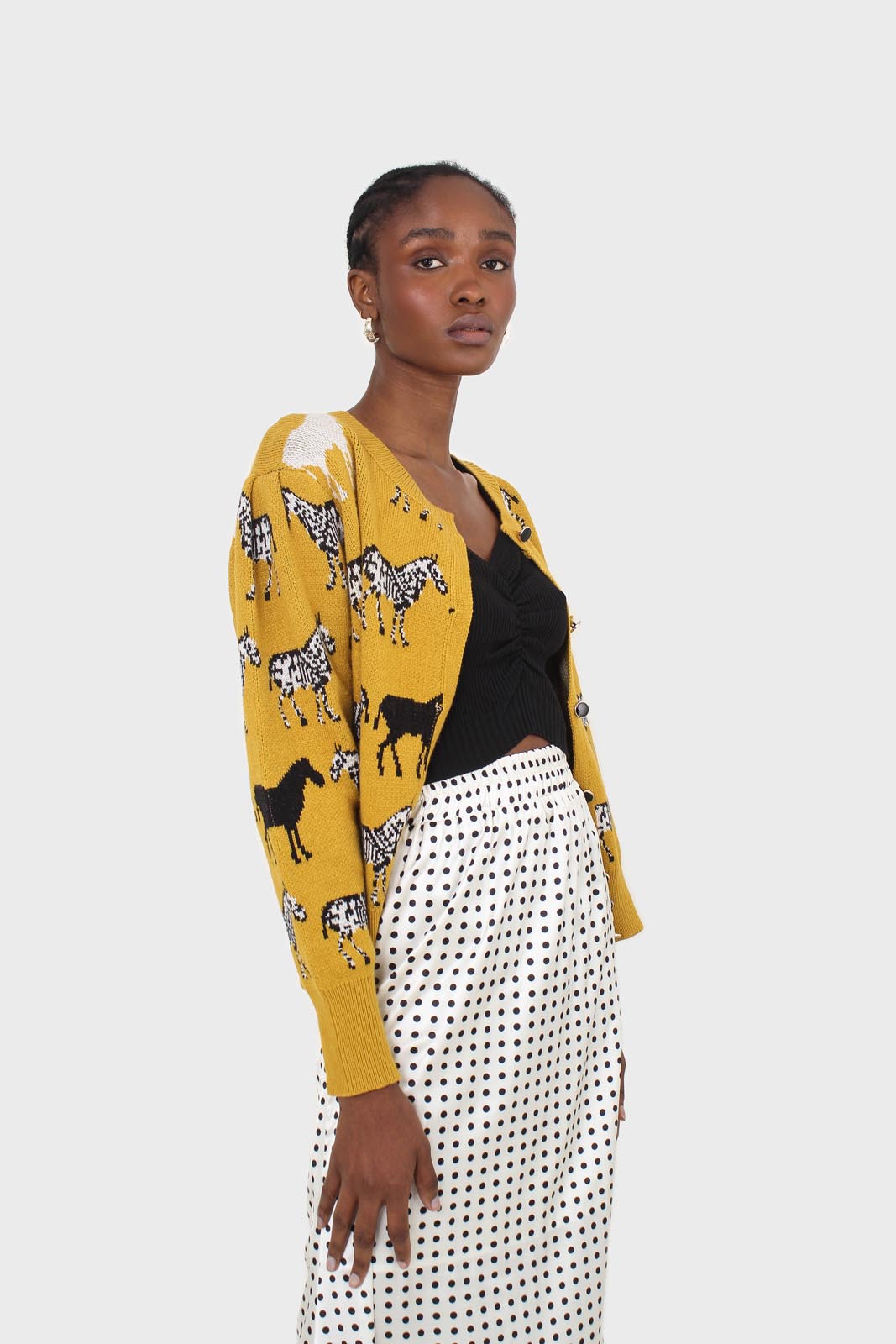 Mustard zebra metal button puff sleeved cardigan