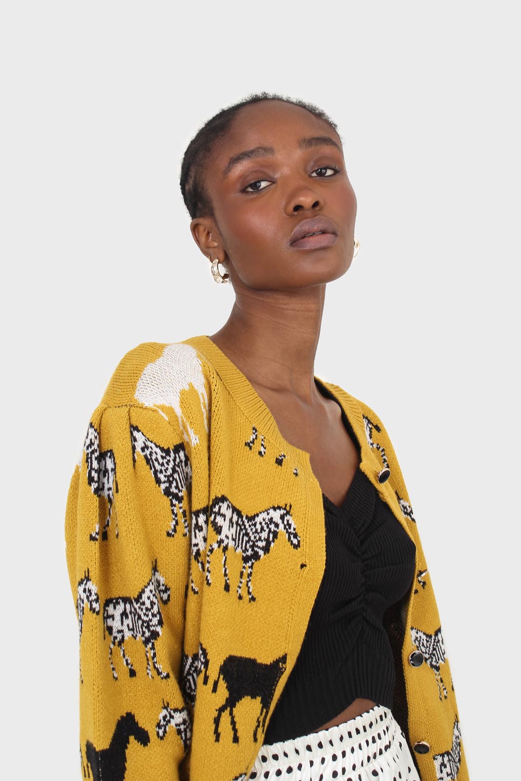 Mustard zebra metal button puff sleeved cardigan